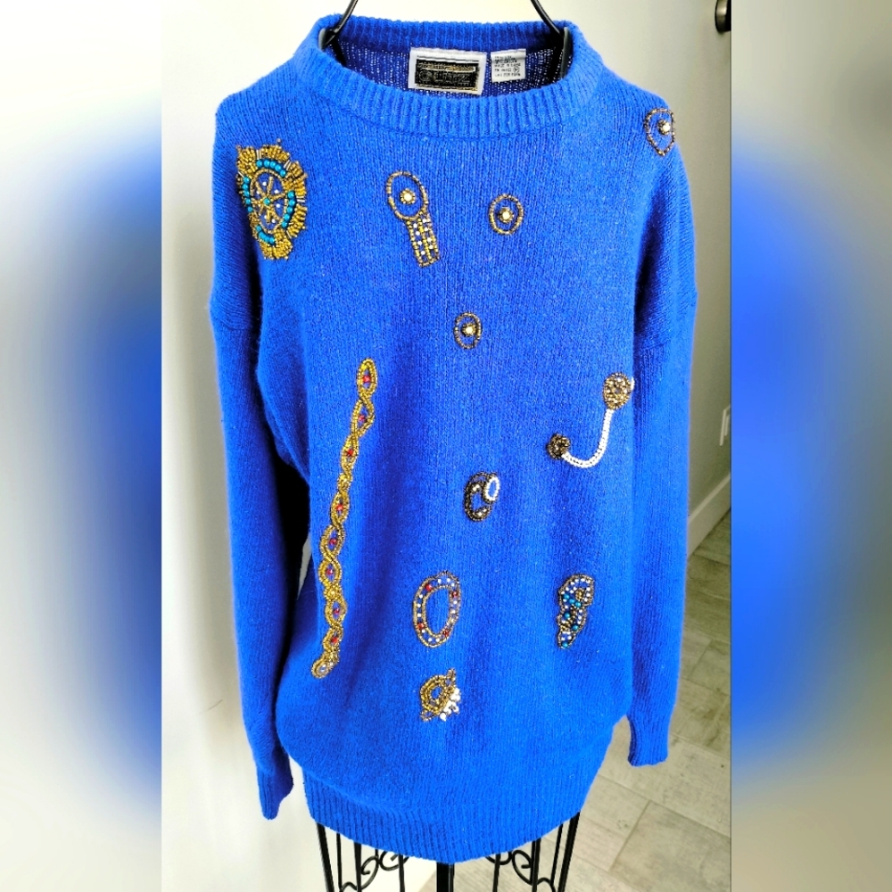 Women's Vintage 80's Anytime Glitz Blue Beaded Angora Silk Sweater Medium